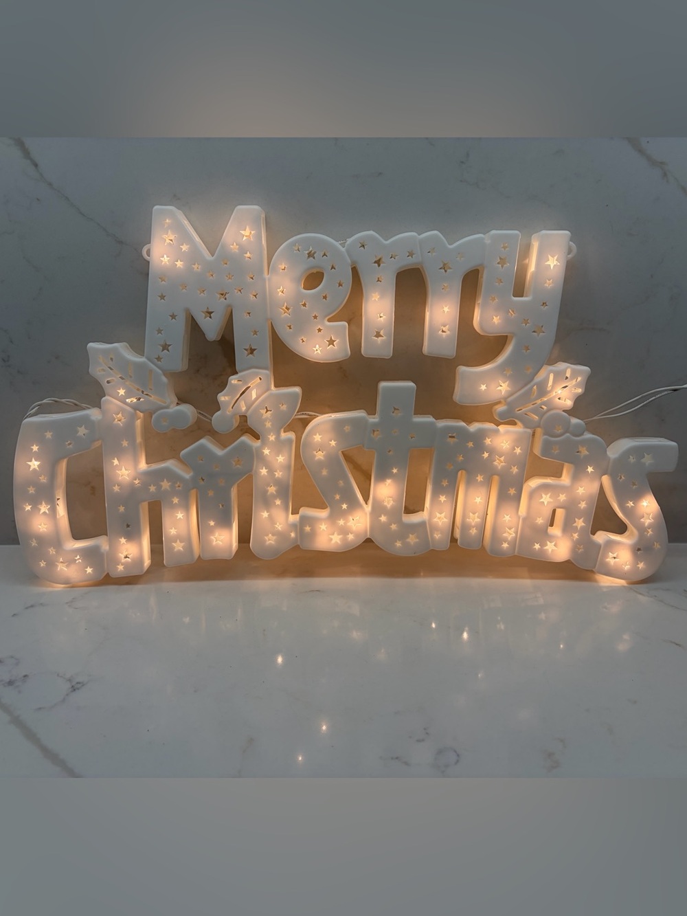 Vintage 1990’s Light Up Merry Christmas Holiday Sign White with Holly Accents